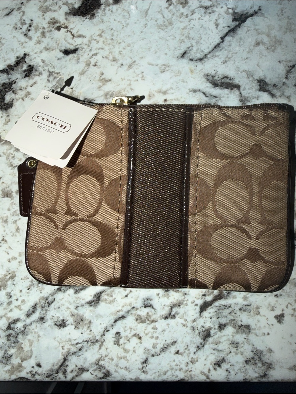 Coach Brown Signature Canvas Wristlet with Dark Brown Stripe